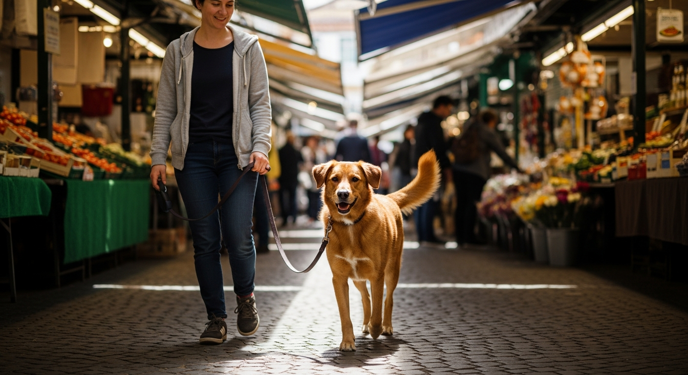Dog walking calmly in a public space with owner nearby