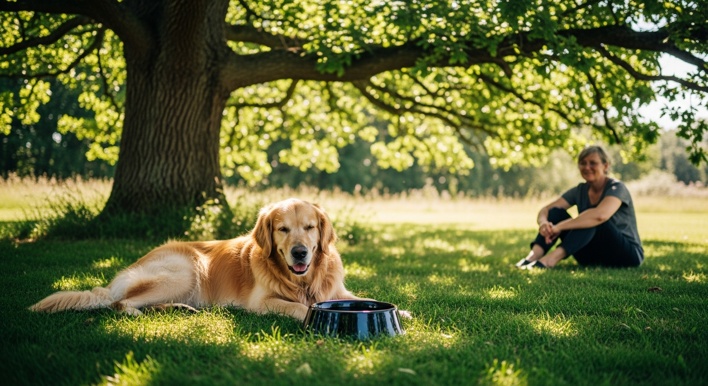 Dog walking outside on a warm day with owner nearby